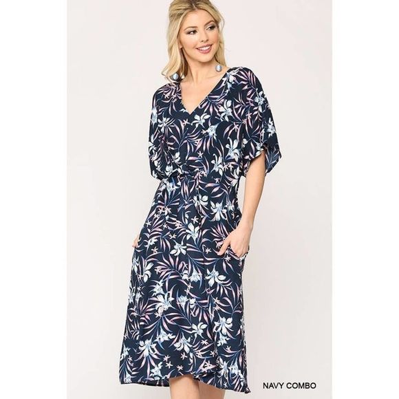 Navy Floral Print Front Tie Midi Dress M - Picture 1 of 4